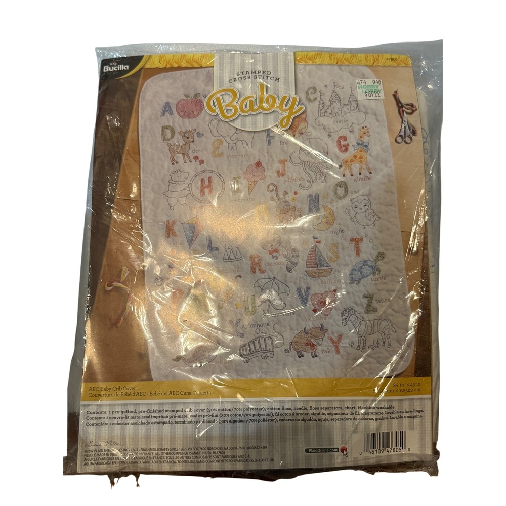 Bucilla ABC Stamped Cross Stitch Baby Crib Cover Kit 47805 White 34x43 Alphabet